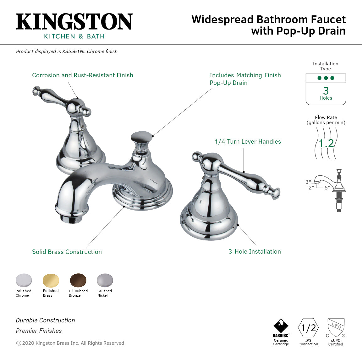 Kingston Tulare KS5561NLTwo-Handle 3-Hole Deck Mount Widespread Bathroom Faucet with Brass Pop-Up, Polished Chrome — thumbnail 3
